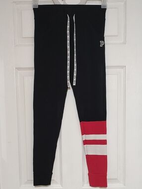 PINK Black Yoga Pants with Red Accent and Stripe